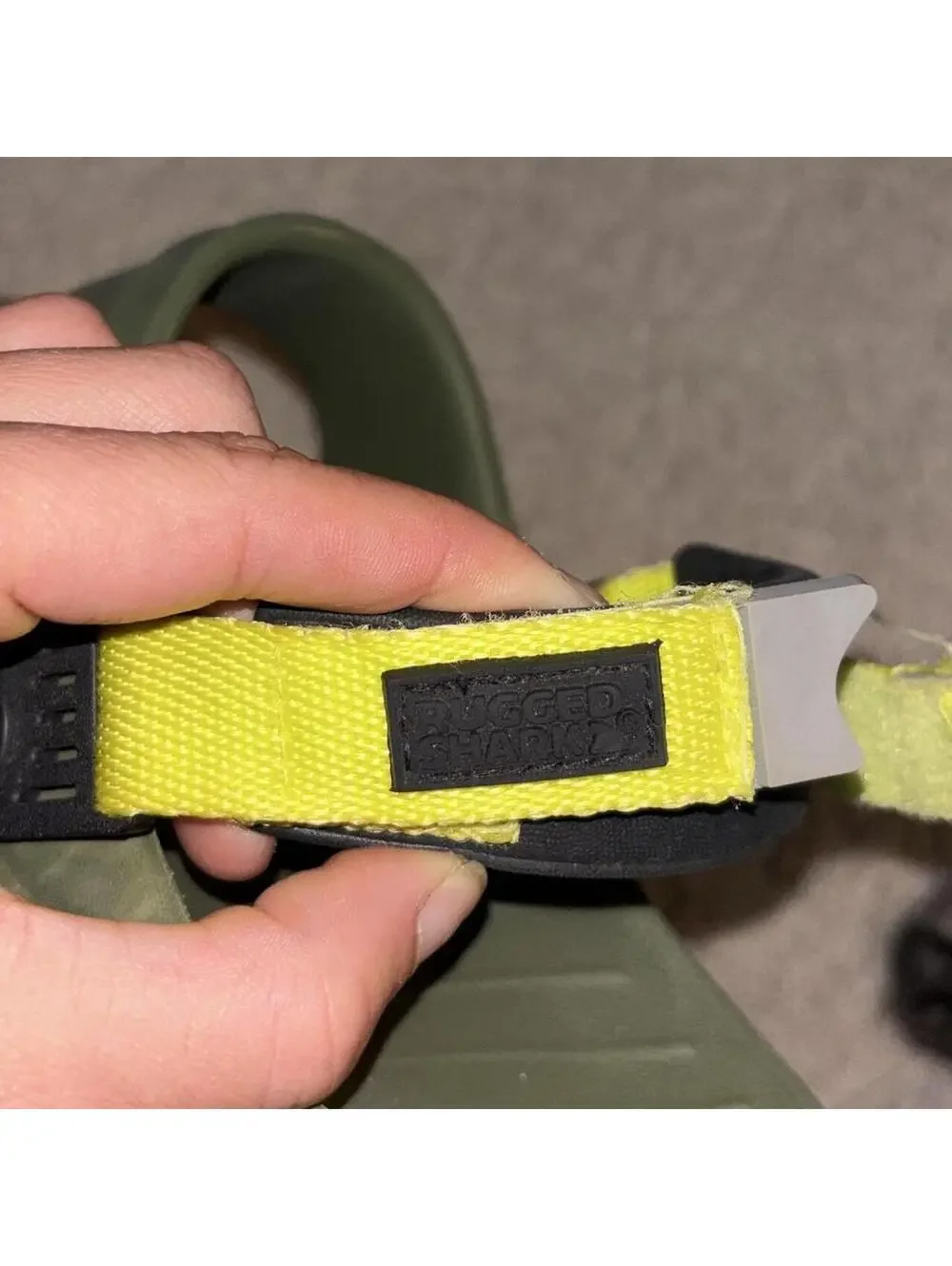 Rugged Shark Olive Green Outdoor Sandals with Yellow Adjustable Straps